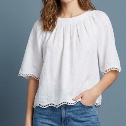 M Ann Taylor White Linen Blend Eyelet Trim Pleated Neck Blouse Top Womens